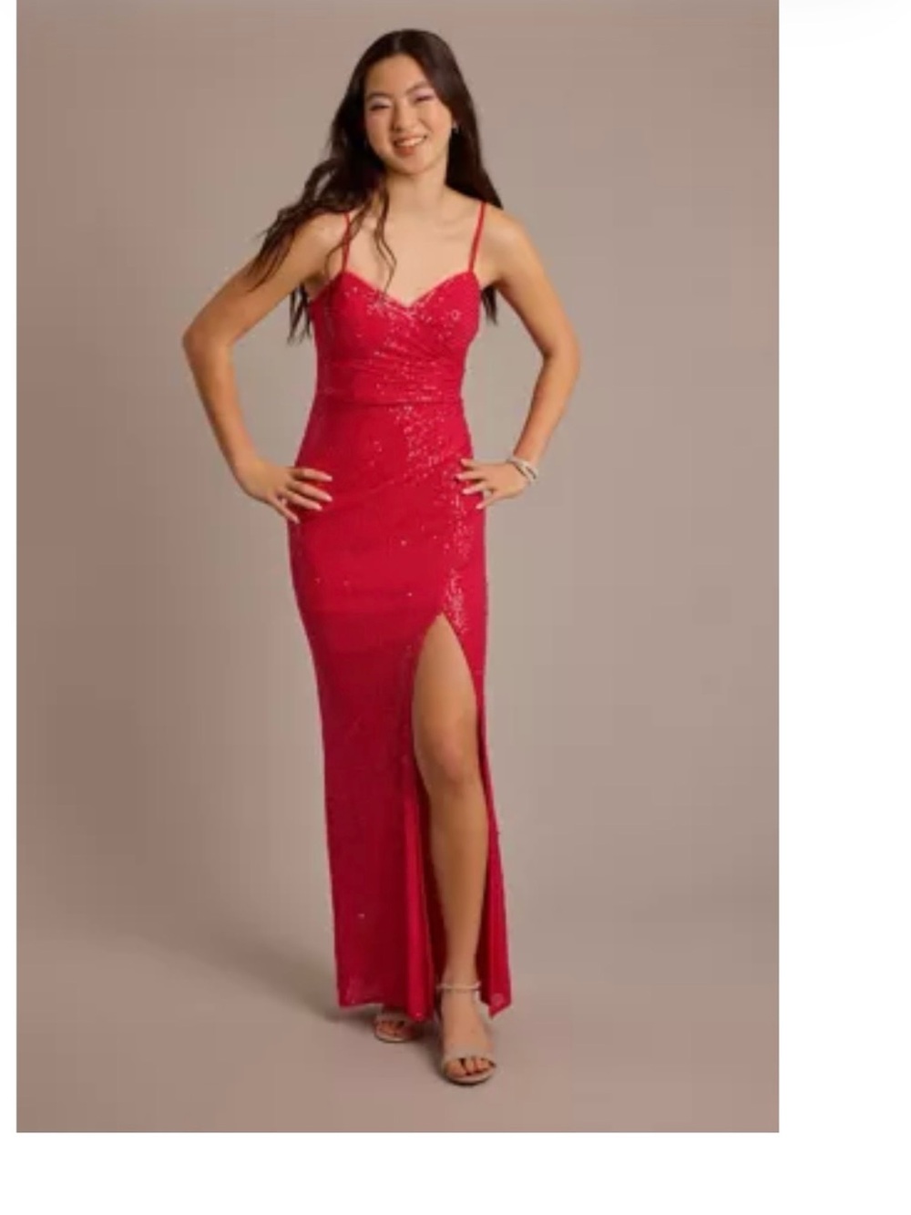 Red Sequin Maxi Dress with Thigh Slit and Spaghetti Straps